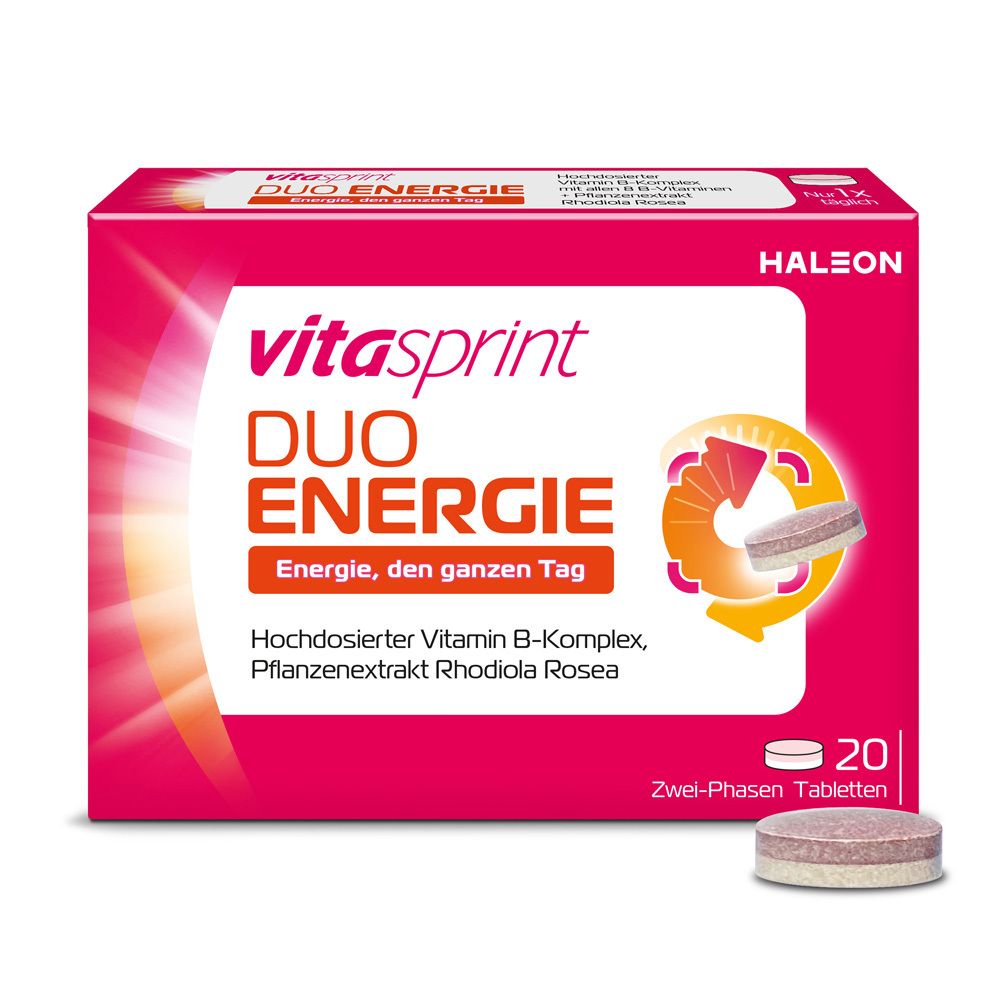 Vitasprint Duo Energie Tablettenpackung. Rosa-weiße Tabletten. Enthält Vitamin B-Komplex und Rhodiola Rosea.