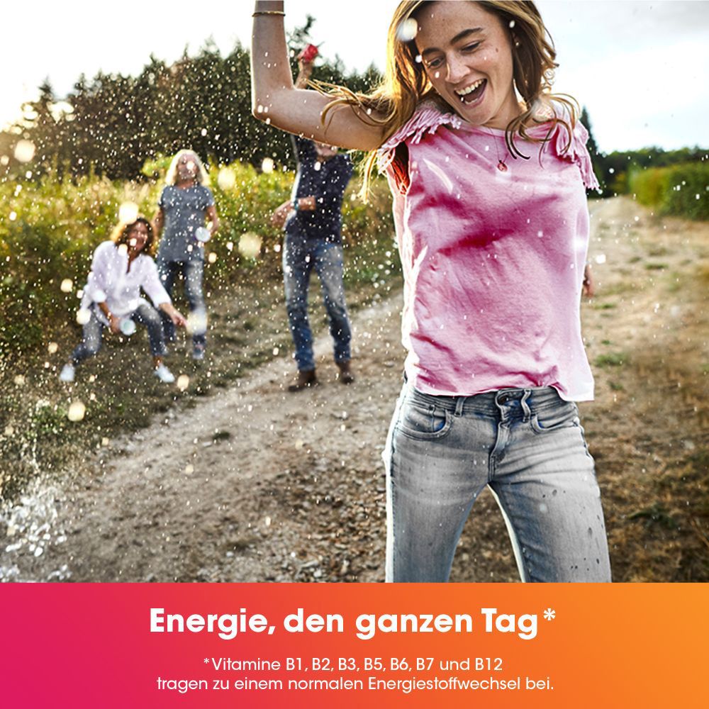 Menschen im Freien. Text: Energie, den ganzen Tag. Enthält Vitamine B1, B2, B3, B5, B6, B7 und B12.