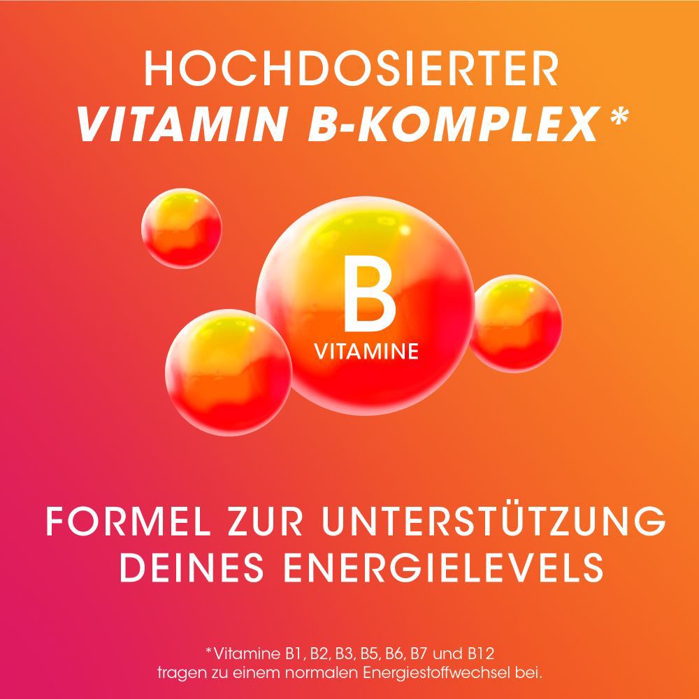 Grafik: Hochdosierter Vitamin B-Komplex. Formel zur Unterstützung deines Energielevels. Enthält Vitamine B.