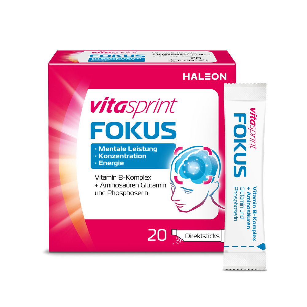 Packung und Direktstick von Vitasprint Fokus. Aufdruck: Fokus, Mentale Leistung, Konzentration, Energie. 20 Direktsticks.