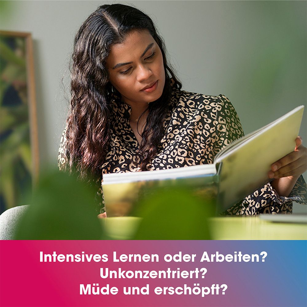 Frau liest Buch. Text: Intensives Lernen oder Arbeiten? Unkonzentriert? Müde und erschöpft?