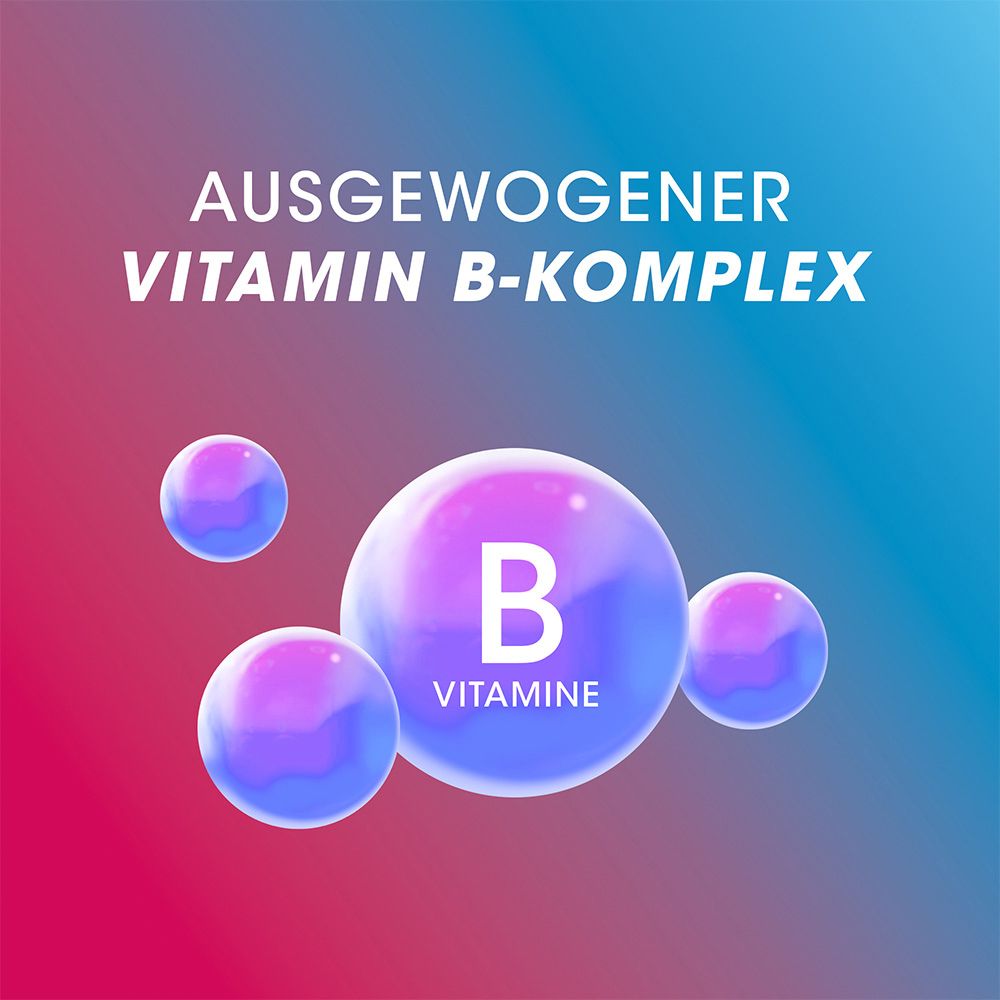 Abbildung von drei blauen, lila schimmernden Kugeln mit dem Buchstaben B. Text: Ausgewogener Vitamin B-Komplex.