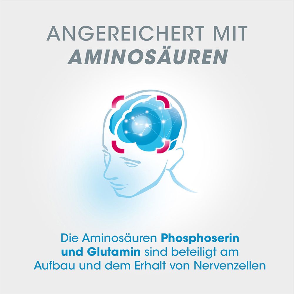 Abbildung eines Gehirns mit roten Markierungen. Text: Angereichert mit Aminosäuren. Aminosäuren für Nervenzellen.