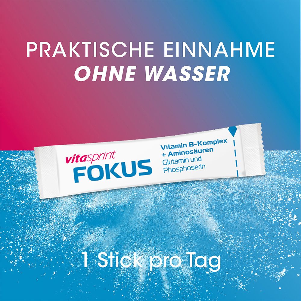 Vitasprint Fokus Direktstick. Text: Praktische Einnahme ohne Wasser. 1 Stick pro Tag. Aufdruck: Fokus.