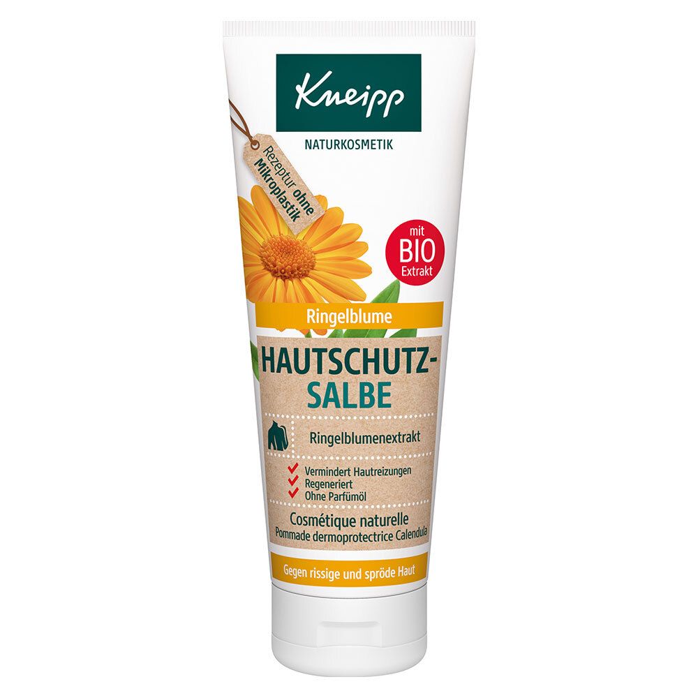 Tube mit Kneipp Hautschutz-Salbe. Aufschrift: Ringelblume Hautschutz-Salbe. Mit Bio-Extrakt. Zertifizierung ohne Mikroplastik.