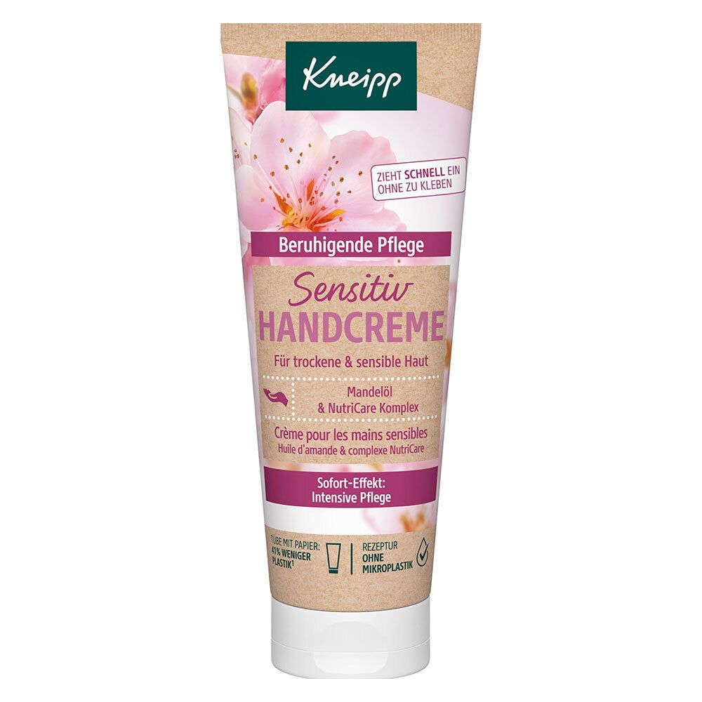 Handcreme-Tube mit floralem Design. Aufschrift: Kneipp, Sensitiv Handcreme. Für trockene & sensible Haut. Mandeln & NutriCare Komplex. Sofort-Effekt: Intensive Pflege.