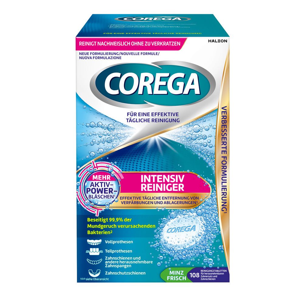 Corega Intensiv Reiniger Tabs-Packung. Blaue und weiße Verpackung mit Produktnamen und Reinigungsmerkmalen. 108 Tabs.