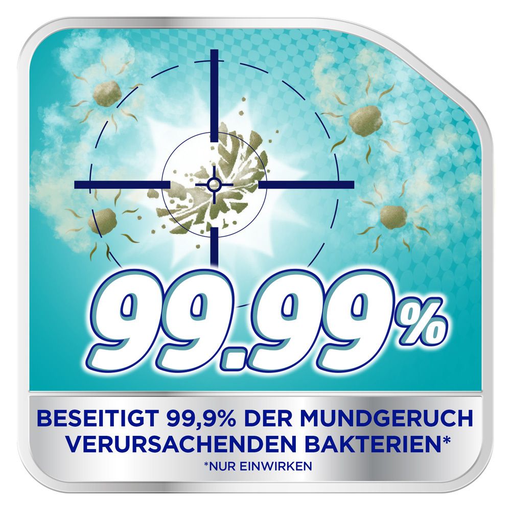 Grafik mit Zielscheibe, die Bakterien zerstört. Text: Beseitigt 99,99% der Mundgeruch verursachenden Bakterien.