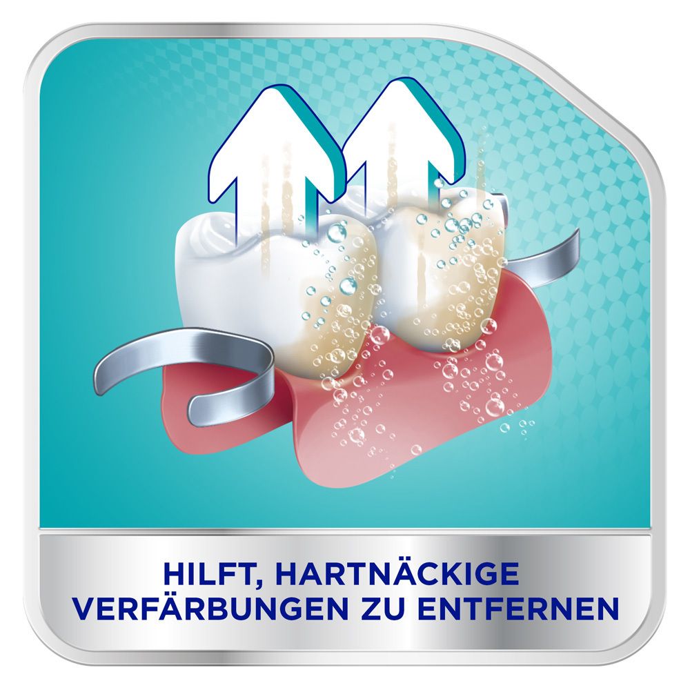 Grafik zeigt Zahnprothese, die gereinigt wird. Text: Hilft, hartnäckige Verfärbungen zu entfernen.