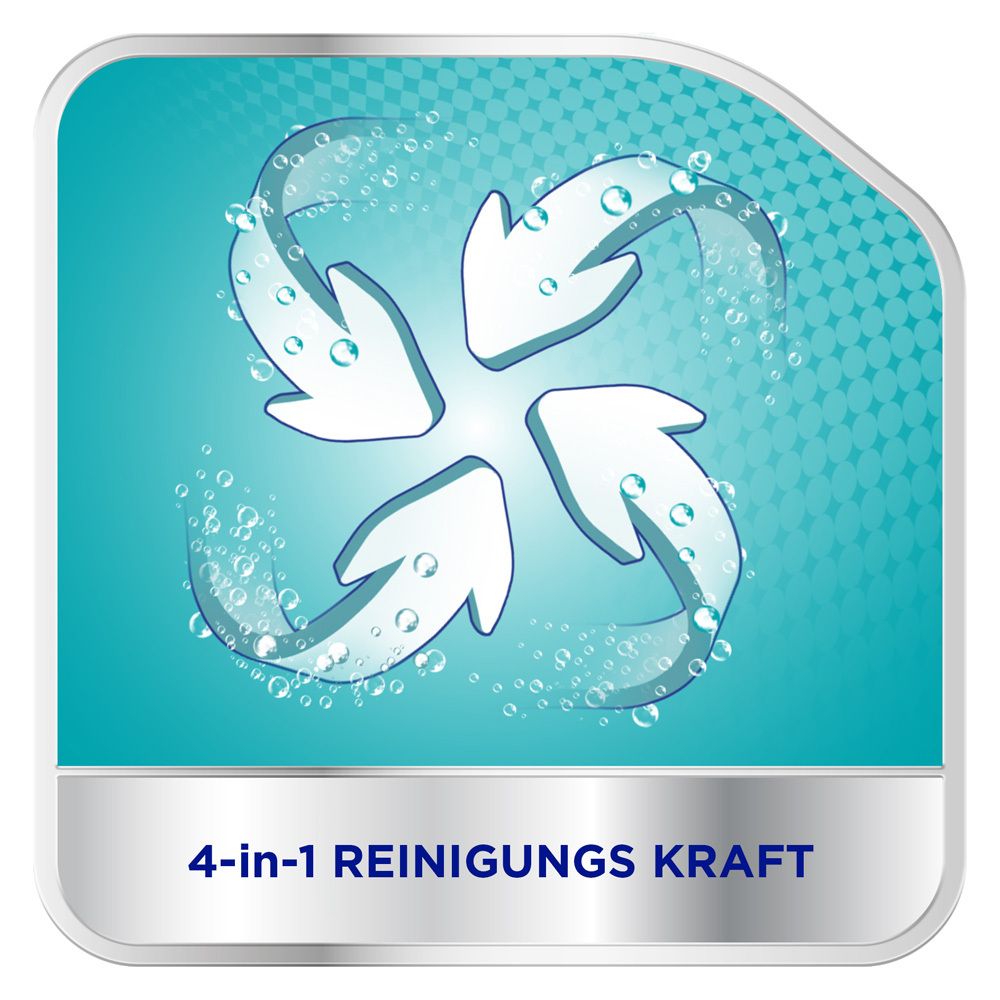 Grafik mit Pfeilen, die Reinigungskraft symbolisieren. Text: 4-in-1 Reinigungskraft.