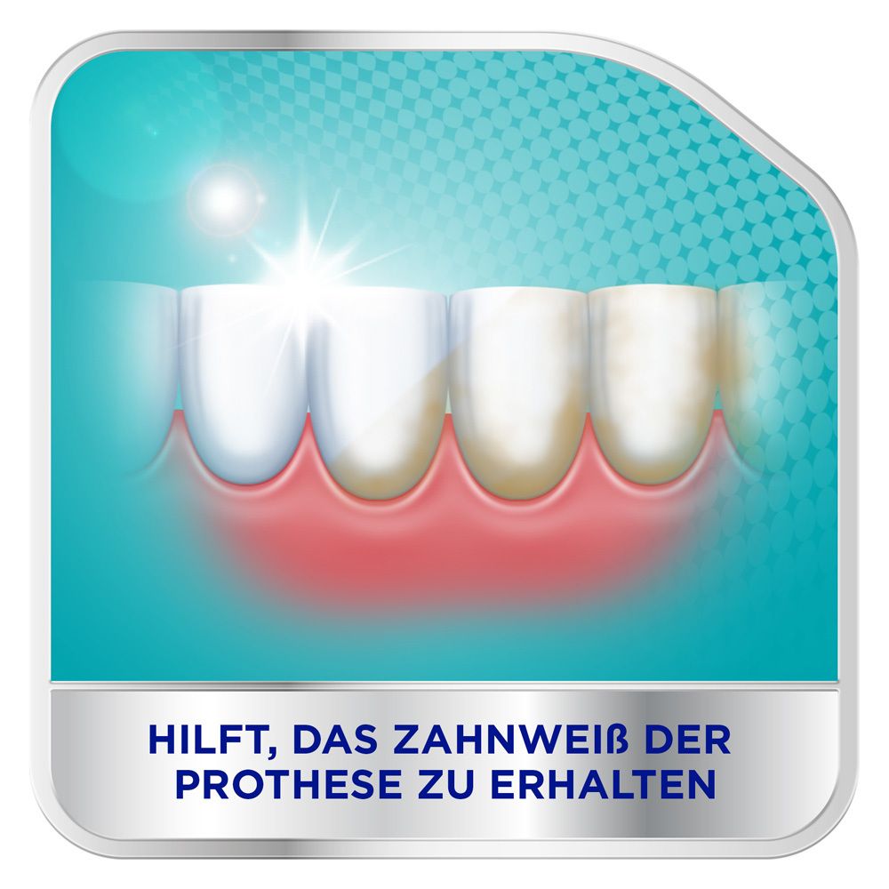 Grafik zeigt Zähne einer Prothese. Text: Hilft, das Zahnweiß der Prothese zu erhalten.