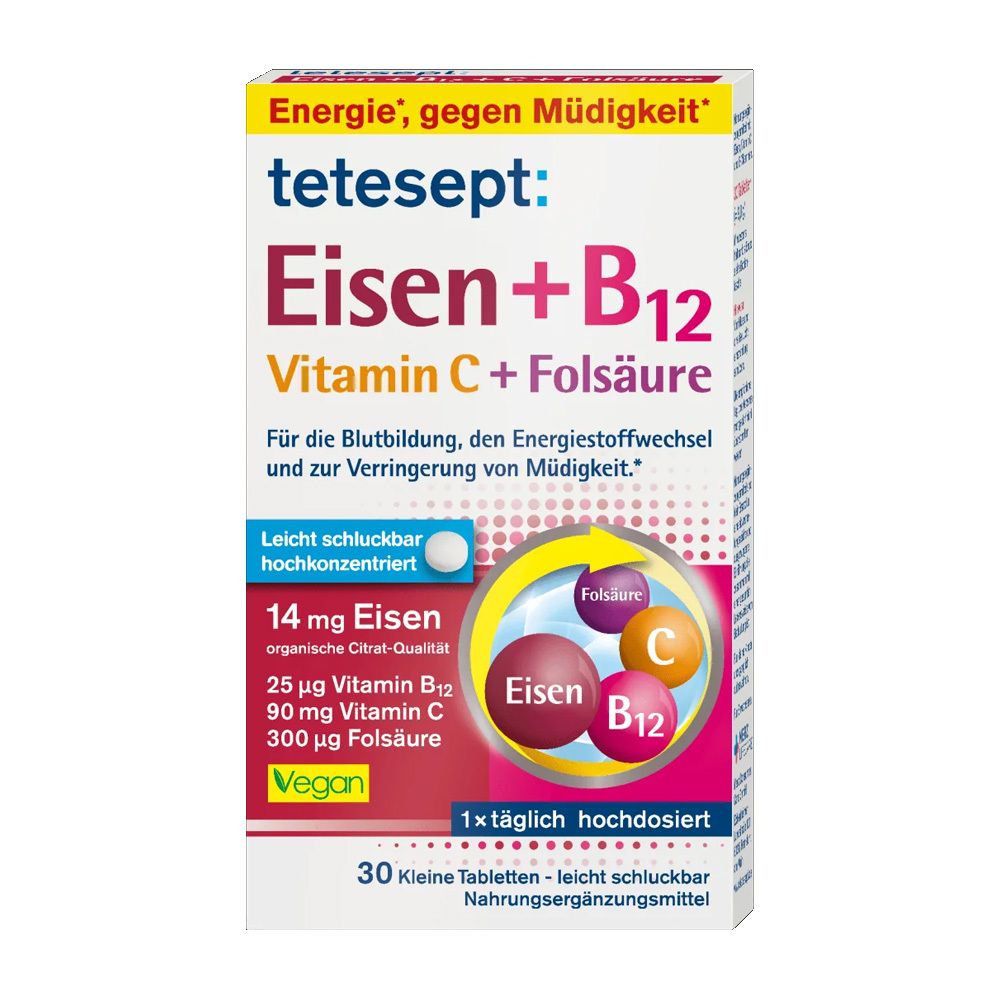 Verpackung von tetesept Eisen + B12 + C + Folsäure. Enthält 30 Tabletten. Vegan. Mit Vitaminen und Mineralstoffen.