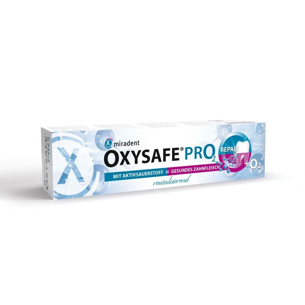 Verpackung von miradent OXYSAFE® PRO² Zahncreme. Weißer Karton mit blauem und rosa Design.