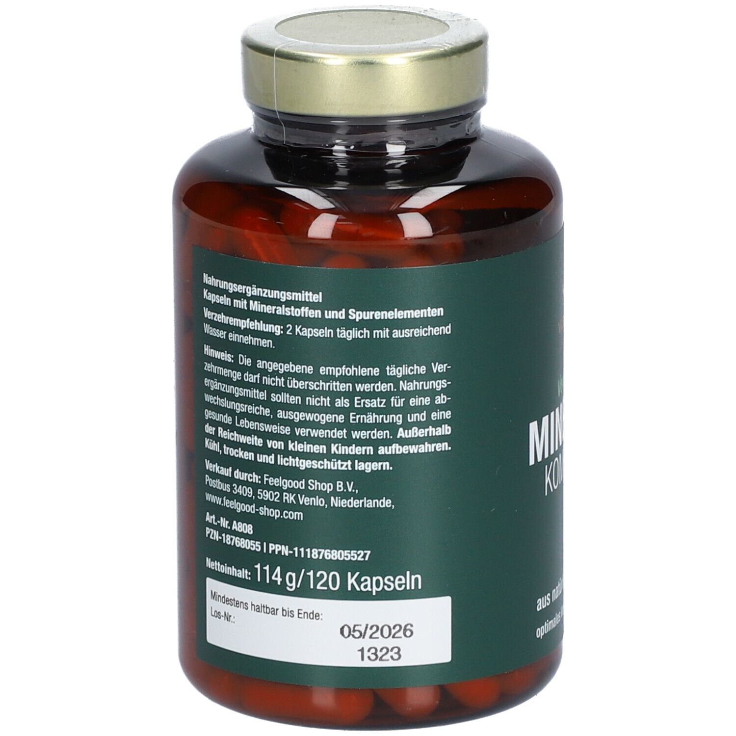 Rückseite der Flasche "vitactiv Vegan Mineral Komplex". Etikett mit Inhaltsstoffen und Nährwerten.