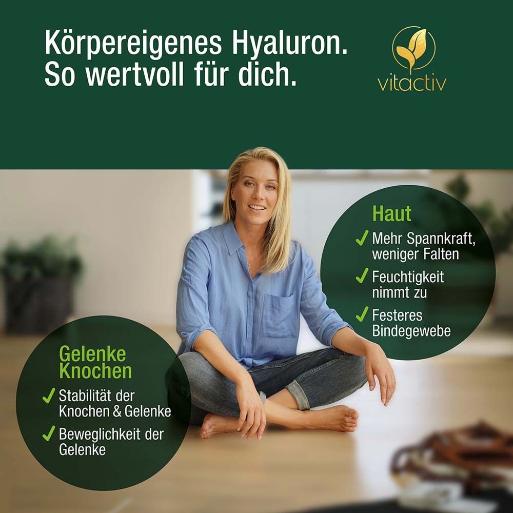 Frau sitzt. Text: Vorteile für Haut und Gelenke. Logo: Vitactiv.