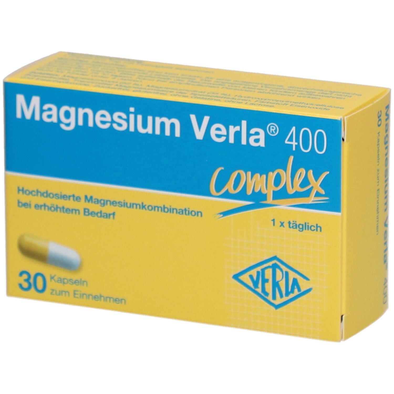 Gelb-blaue Schachtel mit "Magnesium Verla 400 complex". 30 Kapseln. Eine Kapsel abgebildet.