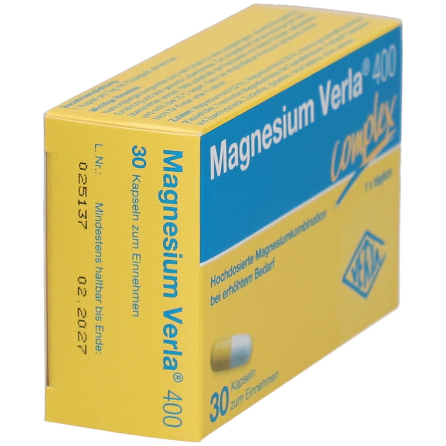 Schachtel "Magnesium Verla 400 complex" in Schrägansicht. 30 Kapseln. Mindesthaltbarkeit 02.2027.