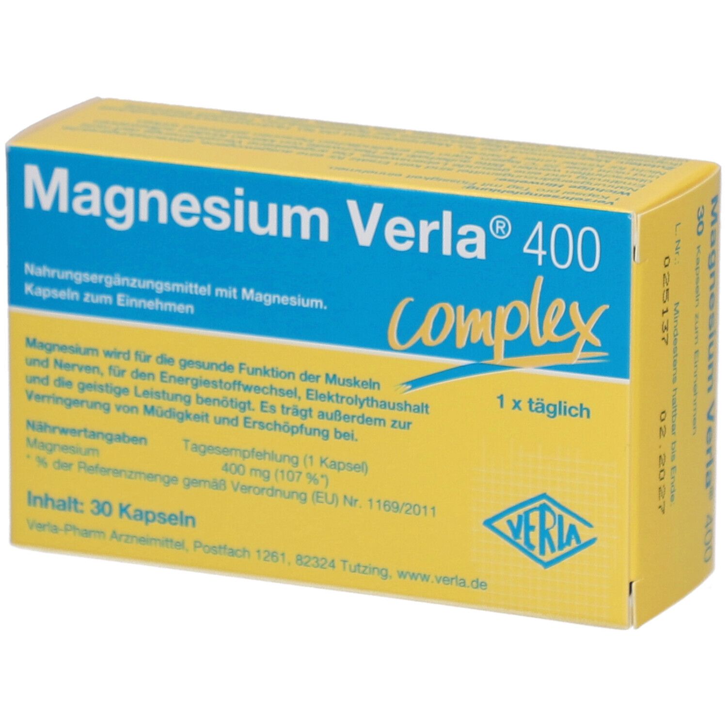 Gelb-blaue Schachtel "Magnesium Verla 400 complex". Text über Inhaltsstoffe und Dosierung. 30 Kapseln.