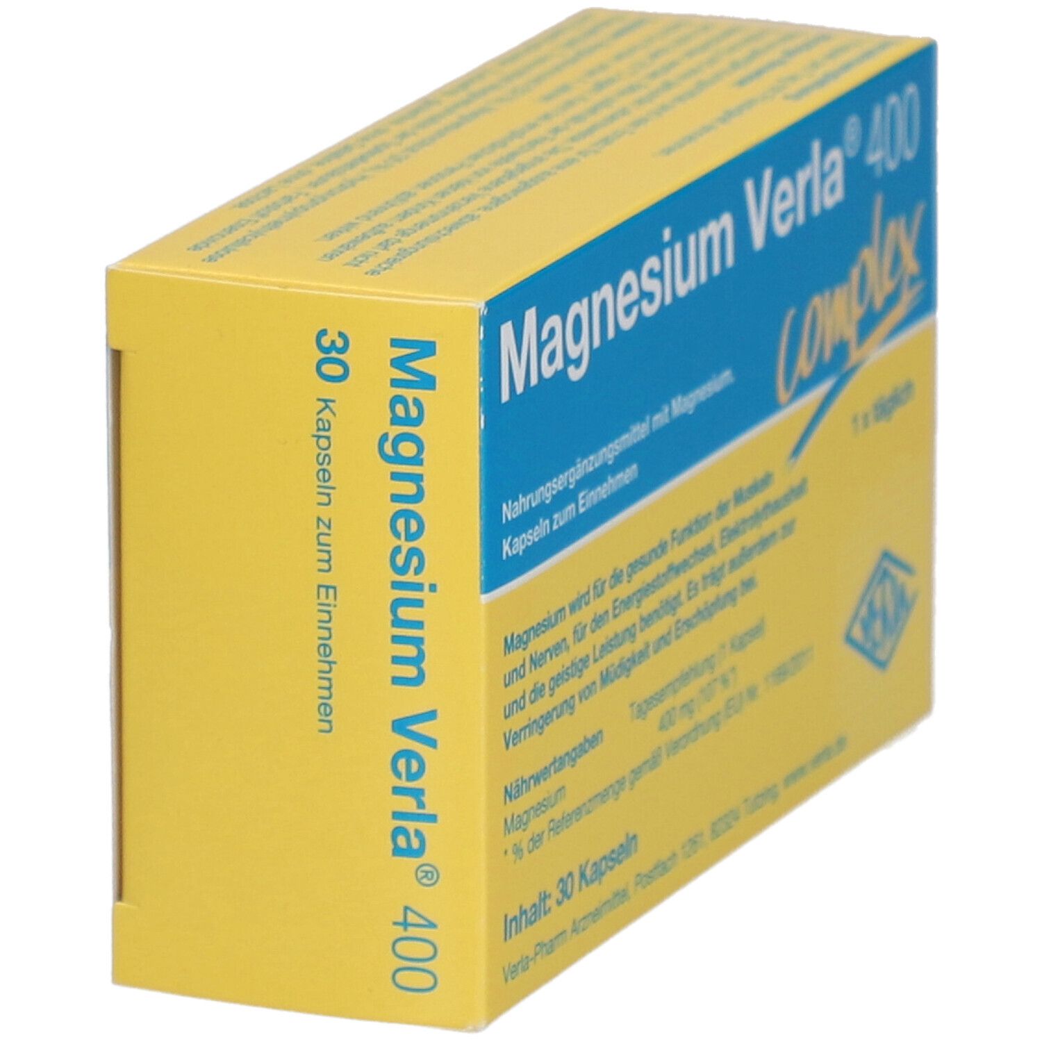 Schachtel "Magnesium Verla 400 complex" in Schrägansicht. 30 Kapseln. Text über Inhaltsstoffe.