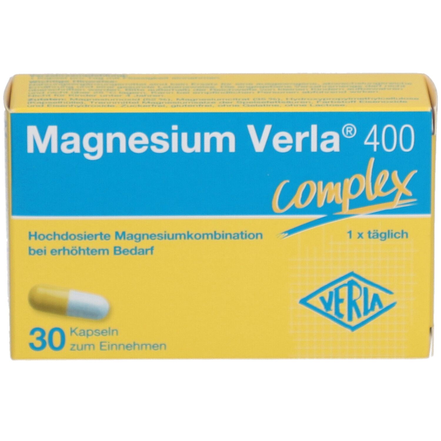 Gelb-blaue Schachtel "Magnesium Verla 400 complex". 30 Kapseln. Eine Kapsel abgebildet. Logo Verla.