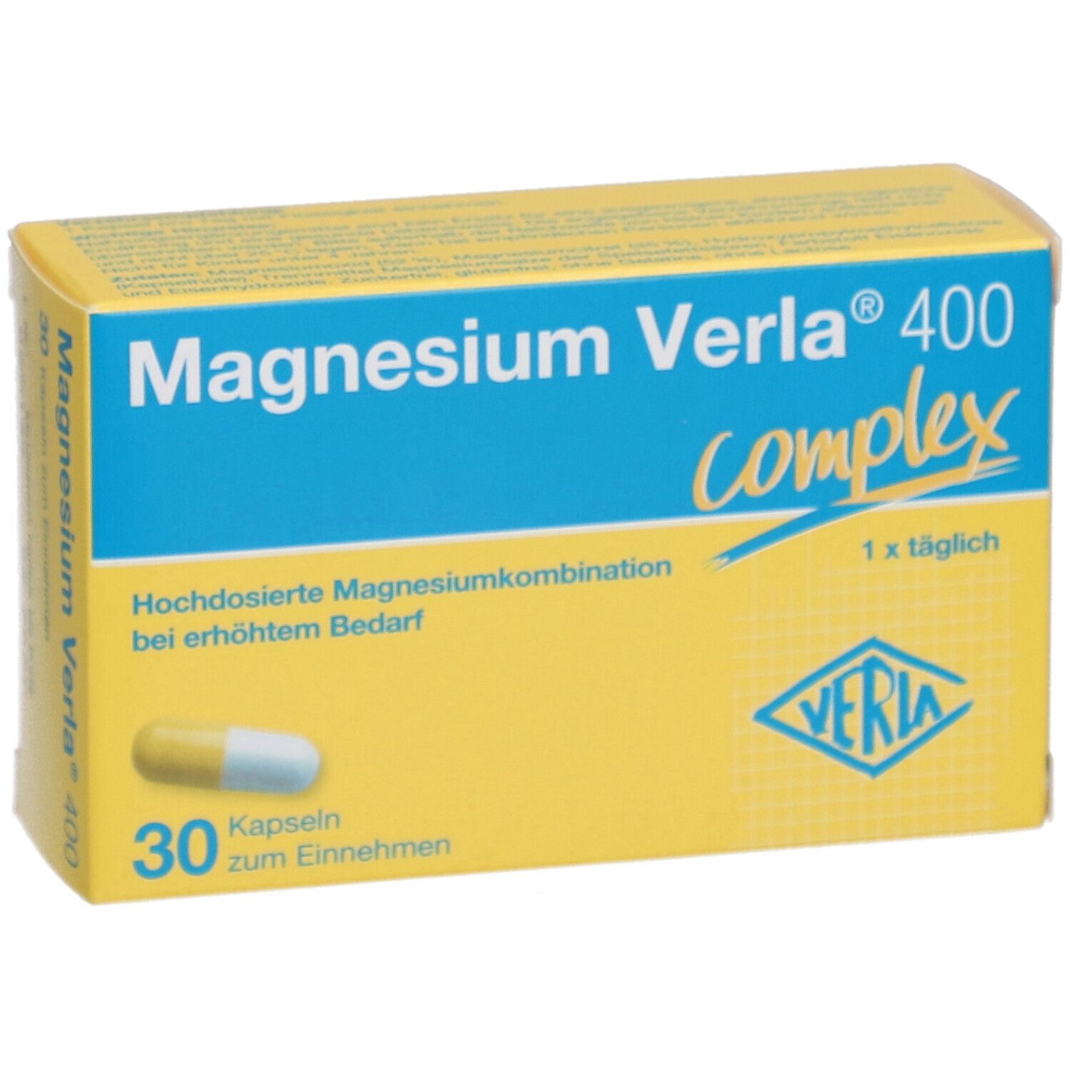 Gelb-blaue Schachtel "Magnesium Verla 400 complex". 30 Kapseln. Logo Verla. Text über Bedarf.