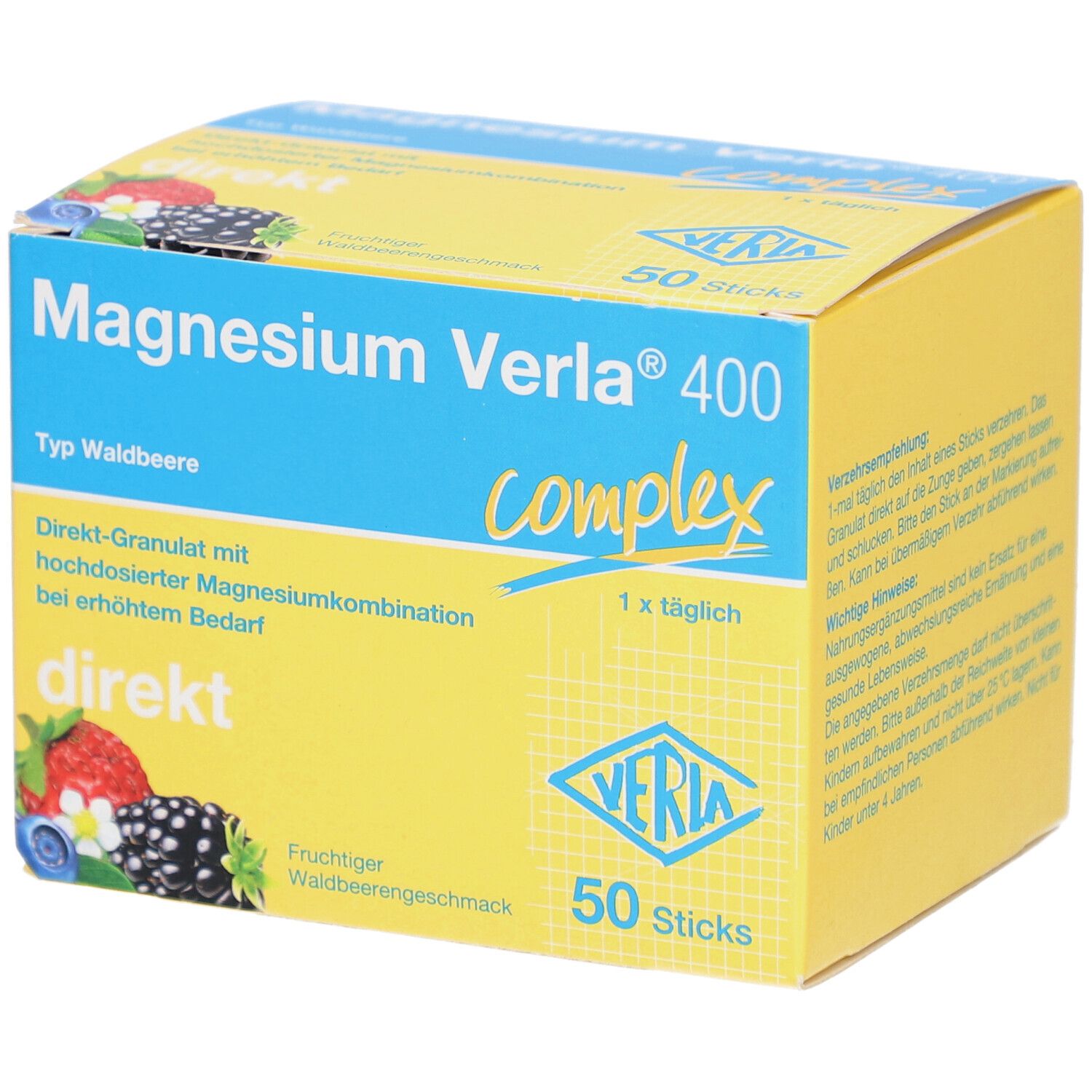 Gelbe Schachtel mit "Magnesium Verla 400 complex". Direkt-Granulat mit Waldbeerengeschmack. 50 Sticks.