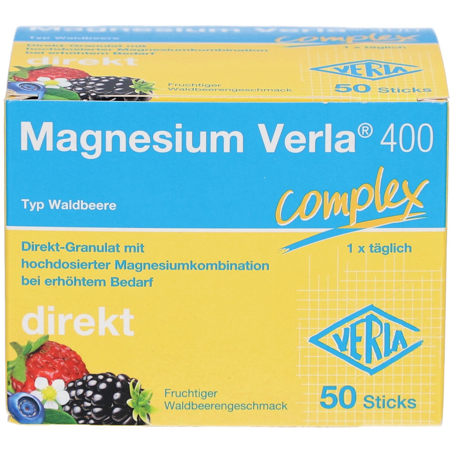 Gelbe Schachtel mit "Magnesium Verla 400 complex". Direkt-Granulat mit Waldbeerengeschmack. 50 Sticks.