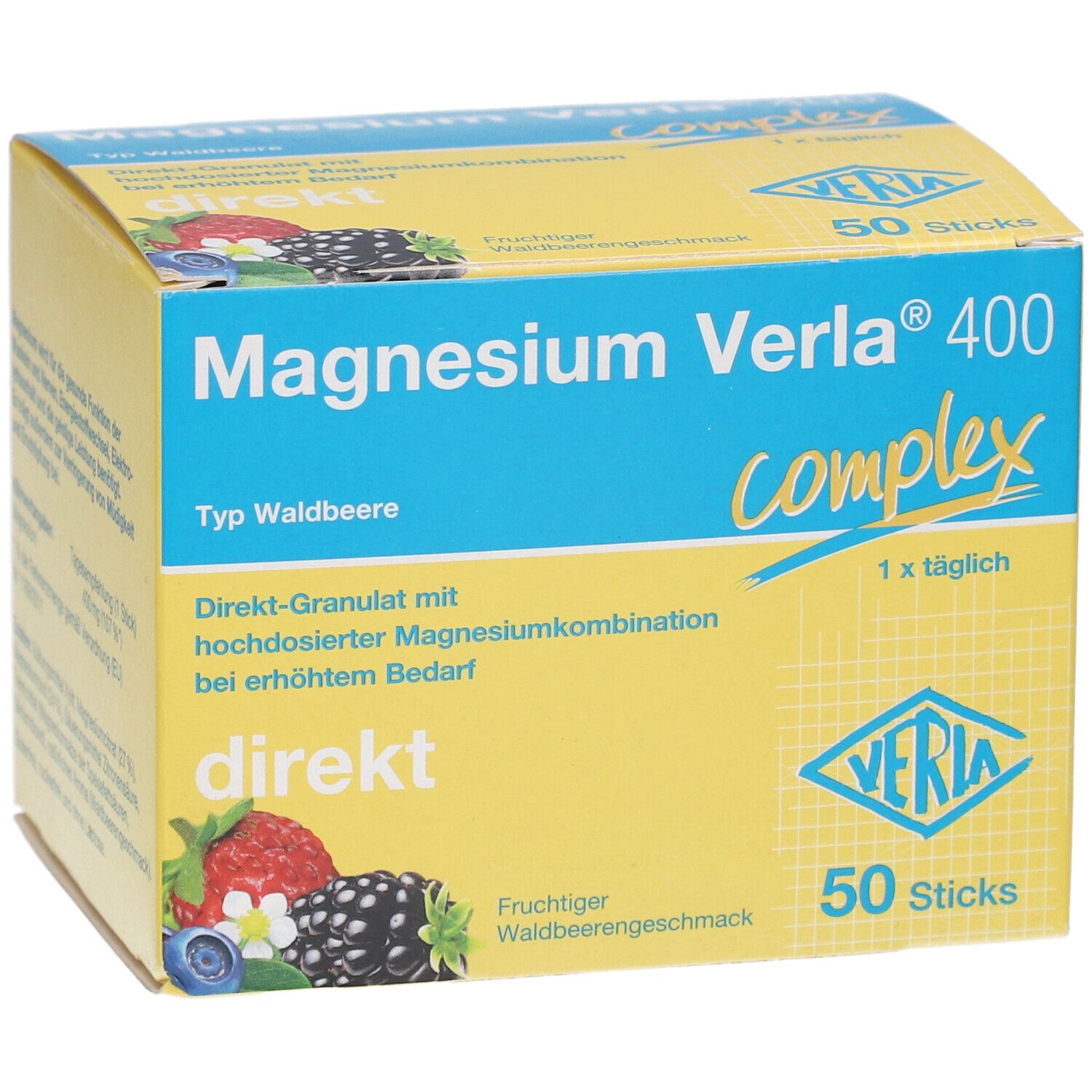 Gelbe Schachtel mit "Magnesium Verla 400 complex". Direkt-Granulat mit Waldbeerengeschmack. 50 Sticks.