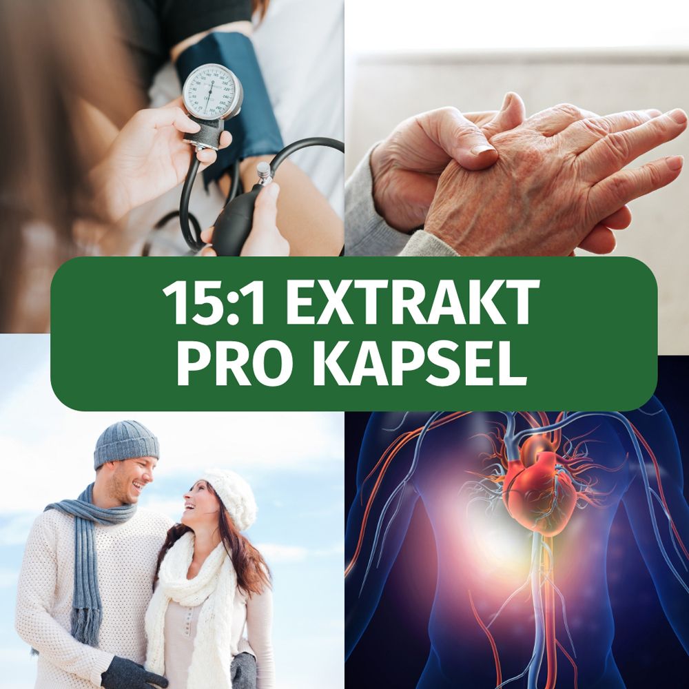 Kollage: Blutdruckmessung, Hände, Paar, Herz. 15:1 Extrakt pro Kapsel.