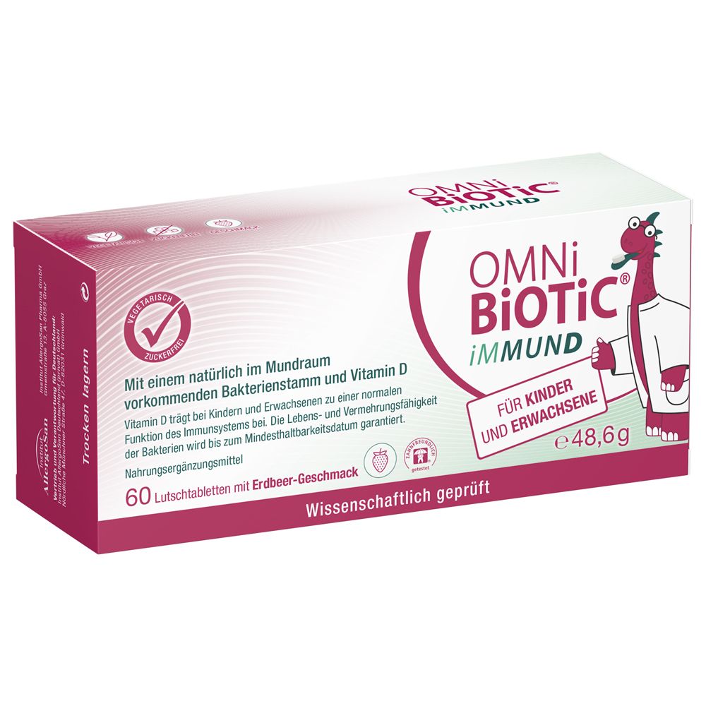 OMNi-BiOTiC iMMUND-Packung. 60 Lutschtabletten mit Erdbeer-Geschmack. Vegetarisch. Für Kinder und Erwachsene. Wissenschaftlich geprüft.