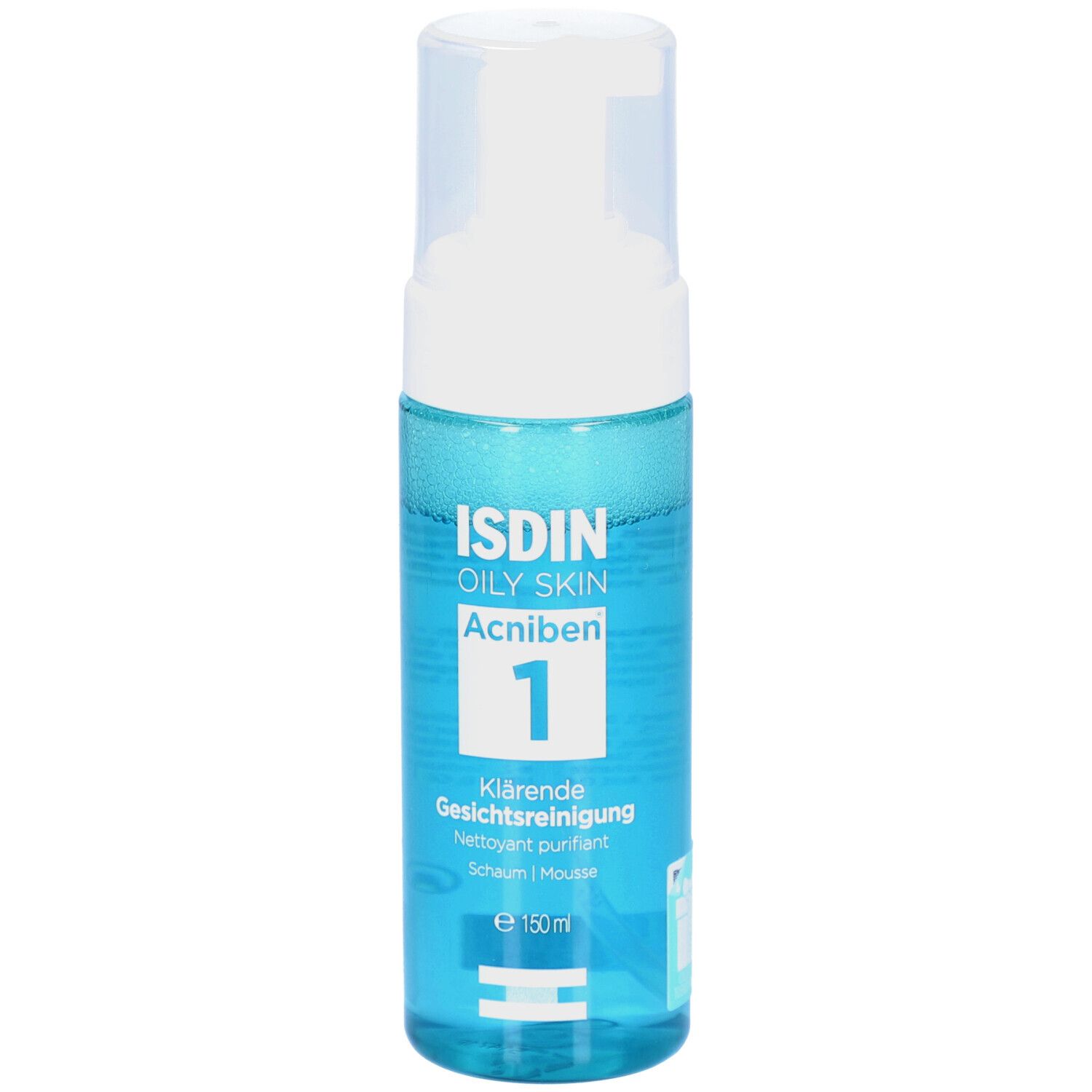 Blau-transparente Flasche mit weißem Pumpspender. Aufschrift: ISDIN OILY SKIN Acniben 1. Klärende Gesichtsreinigung. Schaum. 150ml.