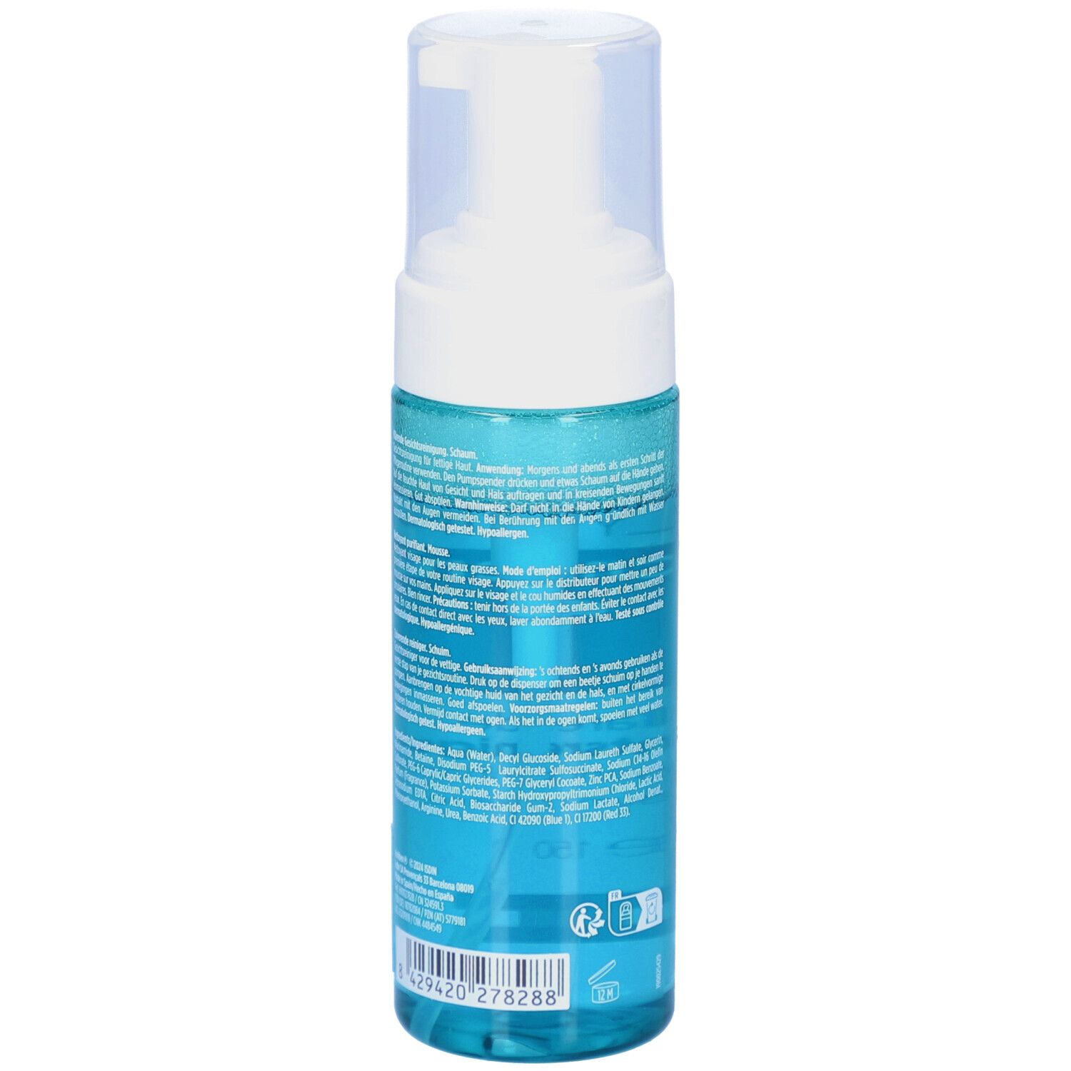 Rückseite der blauen Flasche. Text in mehreren Sprachen. Inhaltsstoffe und Herstellerinformationen.