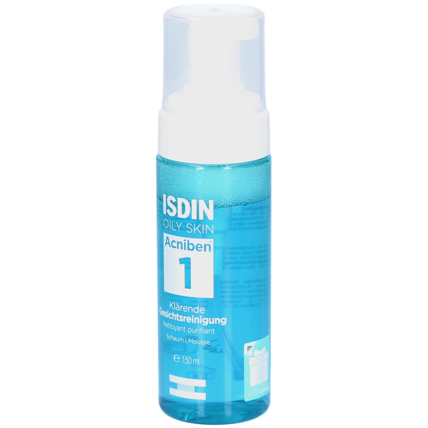 Blau-transparente Flasche mit weißem Pumpspender. Aufschrift: ISDIN OILY SKIN Acniben 1. Klärende Gesichtsreinigung. Schaum. 150ml.