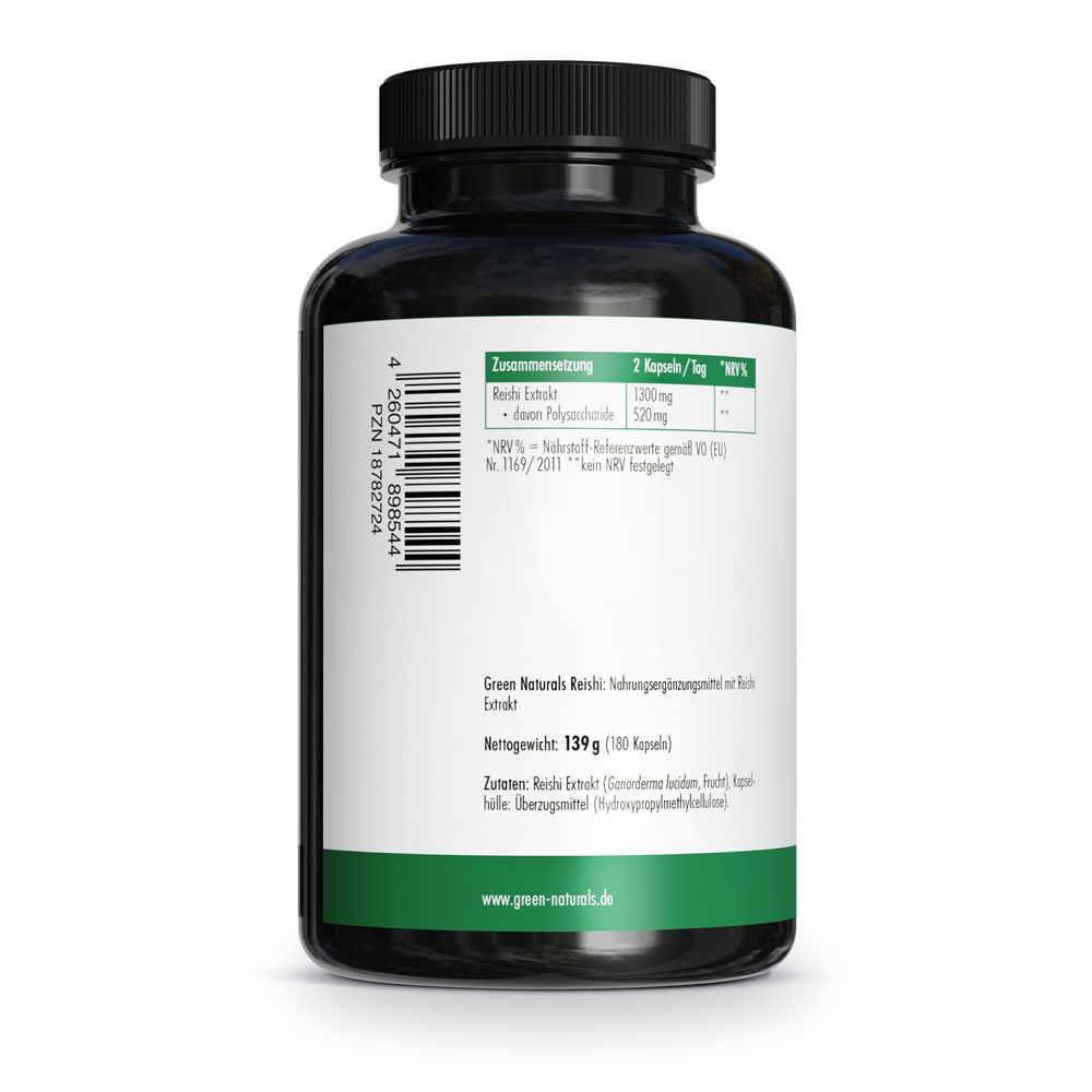 Rückseite einer Flasche Reishi mit Nährwertangaben und Inhaltsstoffen. 139g (180 Kapseln).
