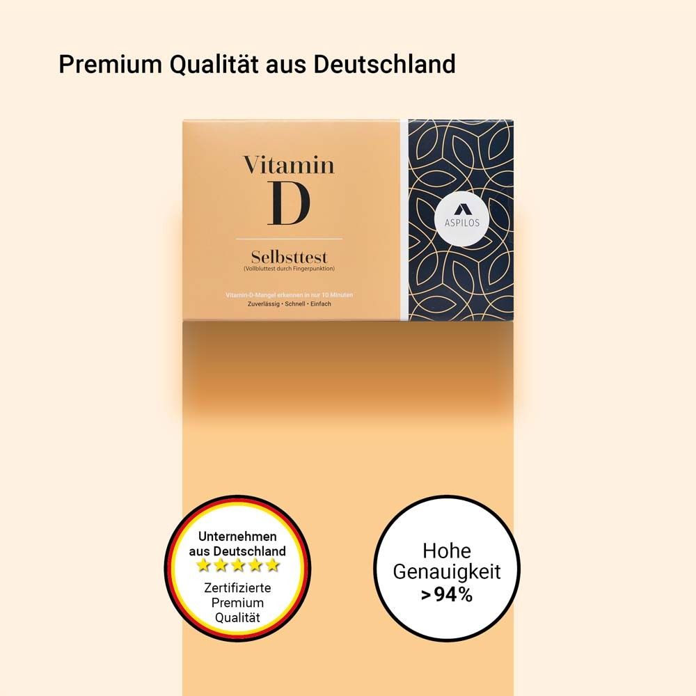 Vitamin D Selbsttest-Packung mit Qualitätszeichen und Text: Premium Qualität aus Deutschland.