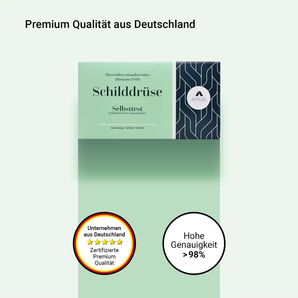 Produktverpackung mit Text "Schilddrüse Selbsttest". Logo "ASPILOS". Zertifizierte Premium Qualität. Hohe Genauigkeit >98%.