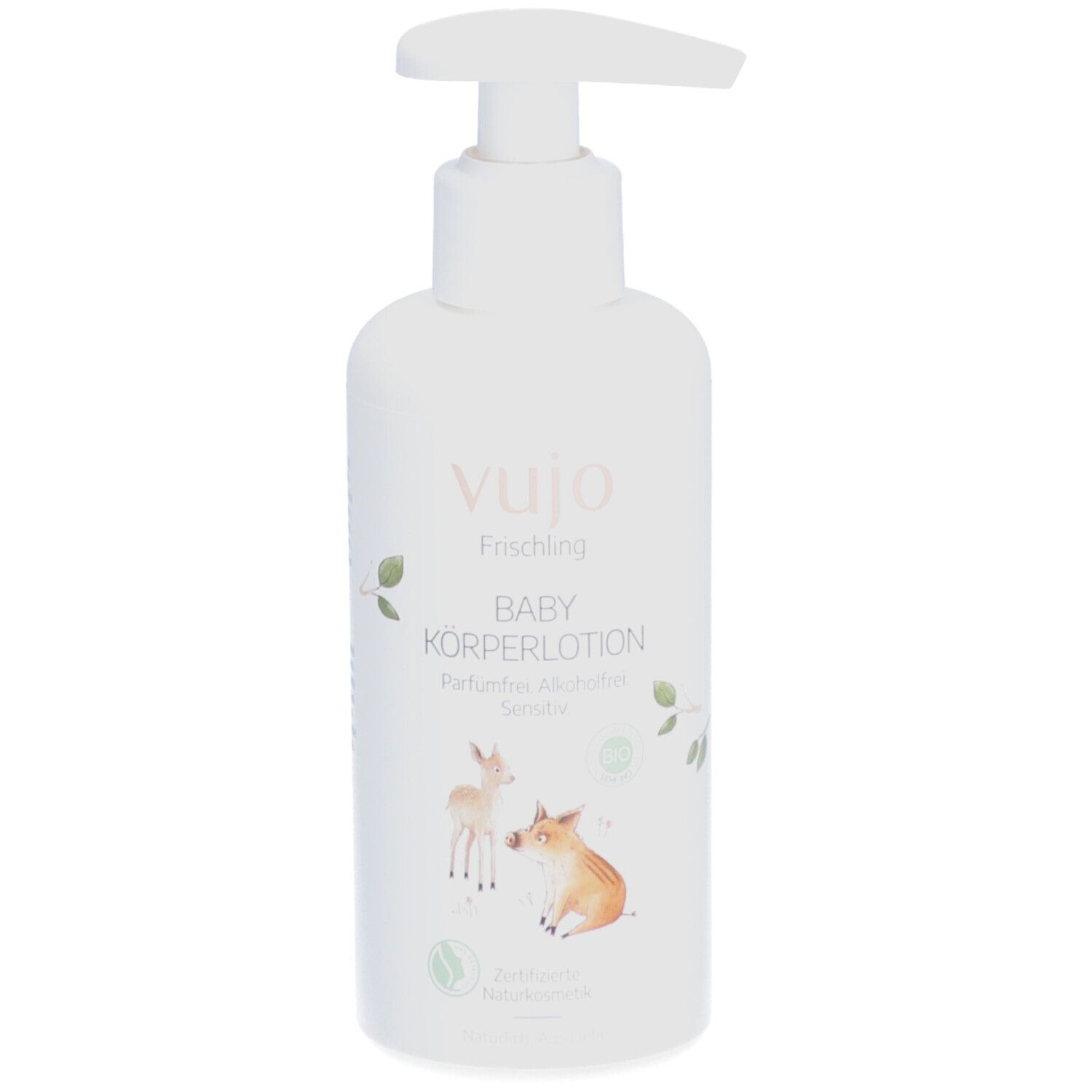 Weiße Flasche mit Pumpe. Aufschrift: vujo Baby Körperlotion. Illustrationen von Tieren. Zertifizierte Naturkosmetik.