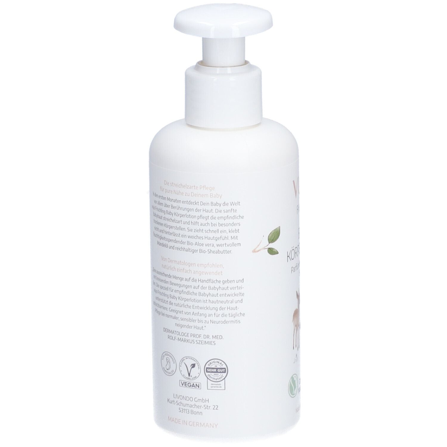 Rückseite der weißen Flasche mit Pumpe. Text und Logos. Zertifizierungen: Vegan, Naturkosmetik.