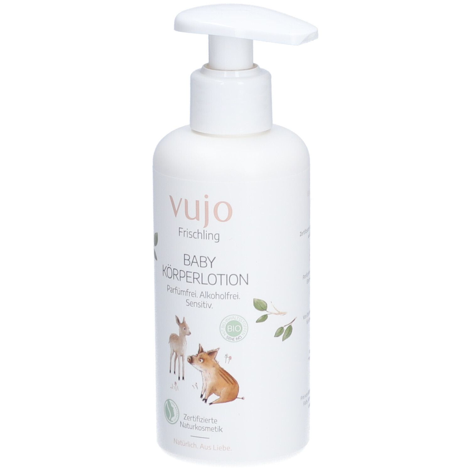 Weiße Flasche mit Pumpe. Aufschrift: vujo Baby Körperlotion. Illustrationen von Tieren. Zertifizierte Naturkosmetik.