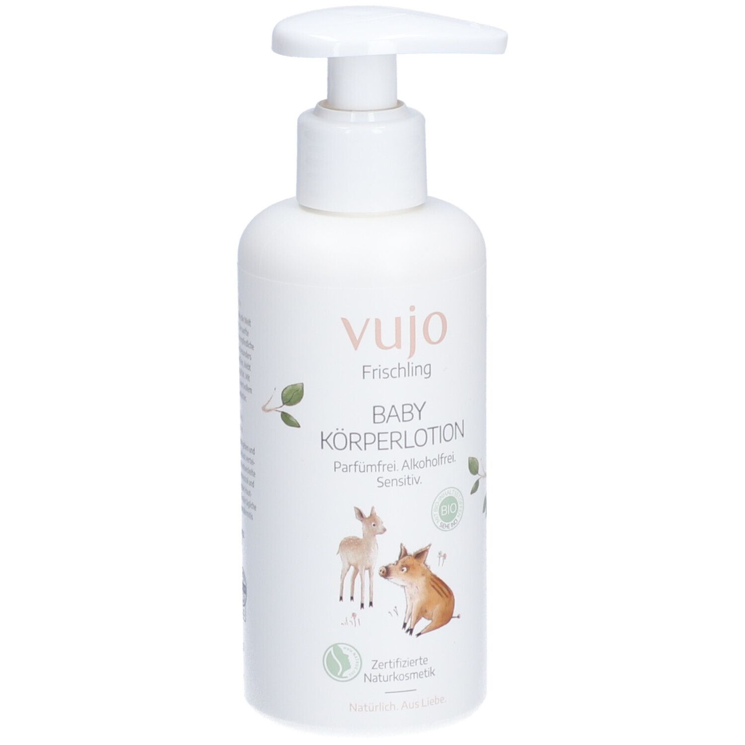 Weiße Flasche mit Pumpe. Aufschrift: vujo Baby Körperlotion. Illustrationen von Tieren. Zertifizierte Naturkosmetik.
