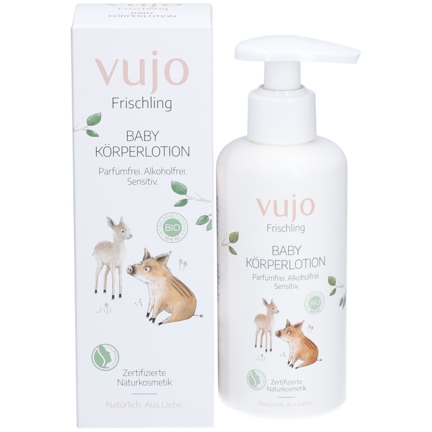 Weiße Flasche mit Pumpe und Karton. Aufschrift: vujo Baby Körperlotion. Illustrationen von Tieren.