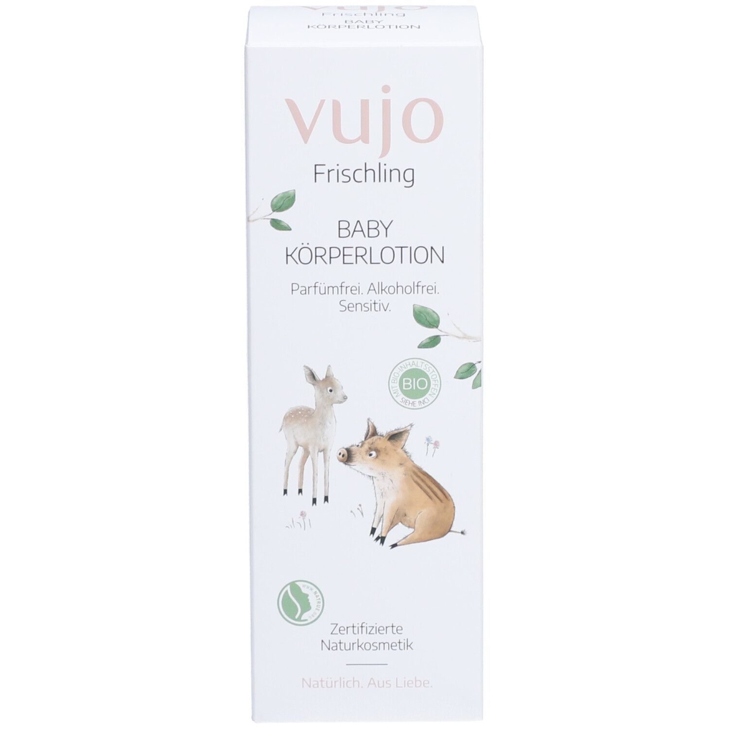 Karton. Aufschrift: vujo Baby Körperlotion. Illustrationen von Tieren. Zertifizierte Naturkosmetik.