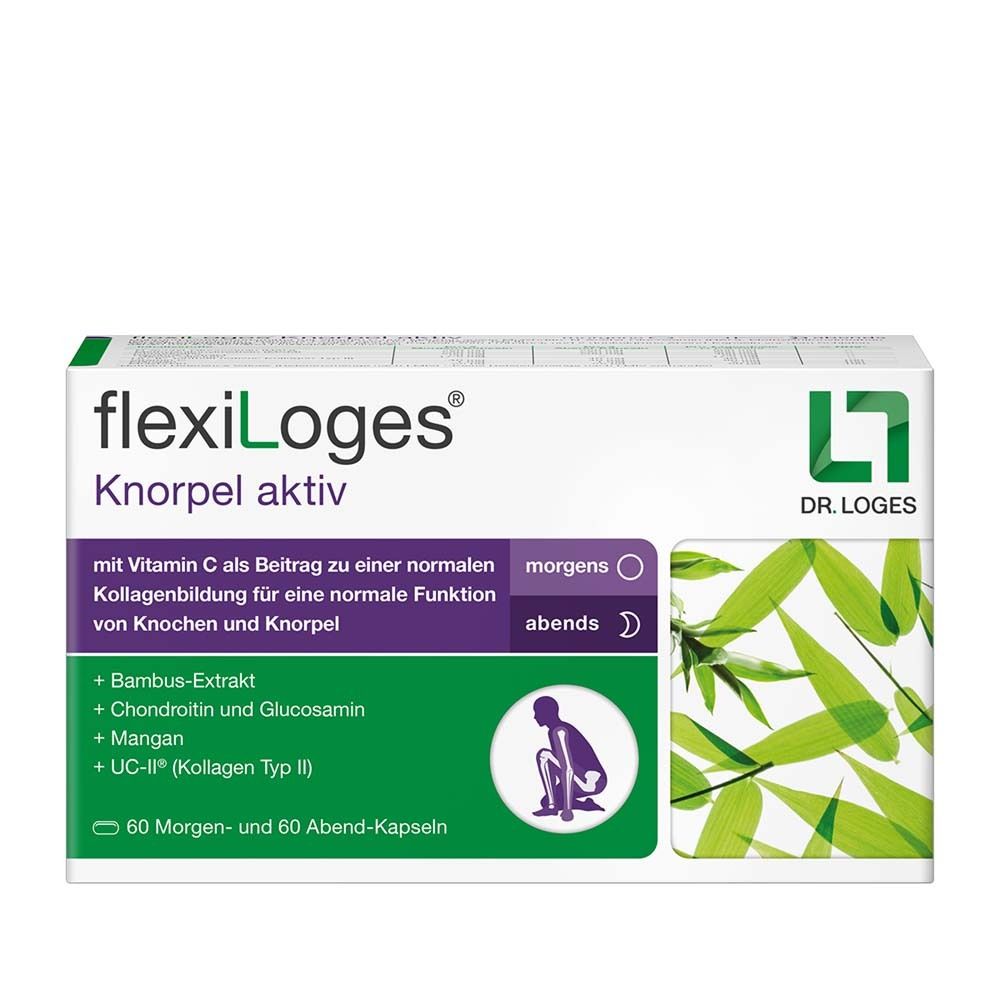 Verpackung von flexiLoges® Knorpel aktiv. Enthält 2x60 Kapseln. Mit Inhaltsstoffen wie Vitamin C und UC-II®.