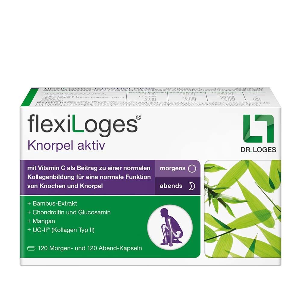 Verpackung von flexiLoges® Knorpel aktiv. Enthält Kapseln. Aufschrift: Knorpel aktiv, Dr. Loges.