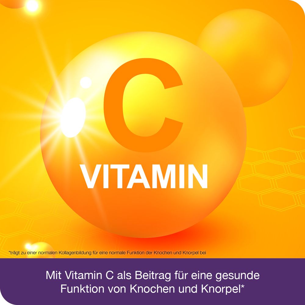 Gelbe Kugel mit Vitamin C. Text: Mit Vitamin C als Beitrag für eine gesunde Funktion von Knochen und Knorpel.