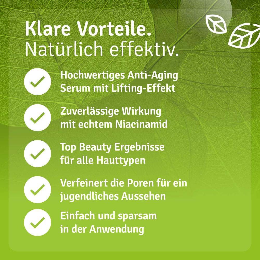 Aufschrift: Hochwertiges Anti-Aging Serum mit Lifting-Effekt. Zuverlässige Wirkung mit echtem Niacinamid. Dermatologisch getestet.