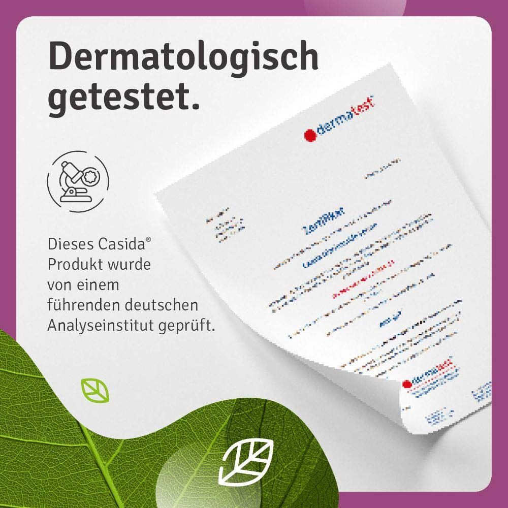 Zertifikat. Aufschrift: Dermatologisch getestet. Dieses Casida Produkt wurde von einem führenden deutschen Analyseinstitut geprüft.