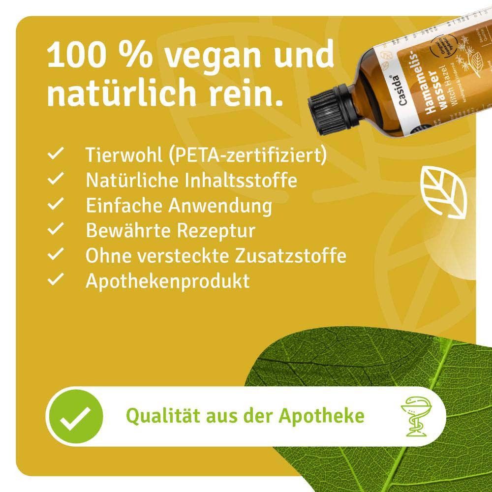 Gelber Hintergrund mit Text: 100% vegan und natürlich rein. PETA-Zertifizierung, Apothekenprodukt, einfache Anwendung.
