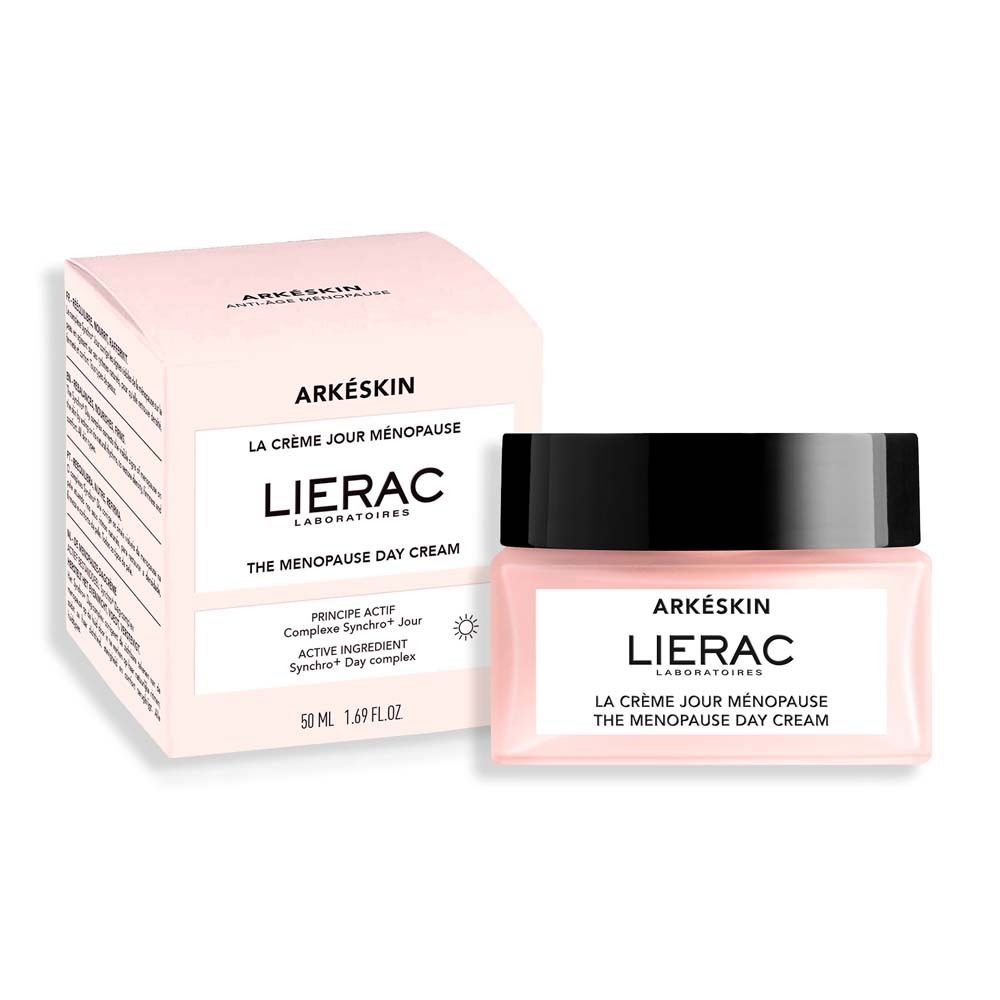 Rosa Schachtel und Tiegel mit schwarzem Deckel. Aufschrift: Arkéskin, LIERAC, La Crème Jour Ménopause, The Menopause Day Cream.