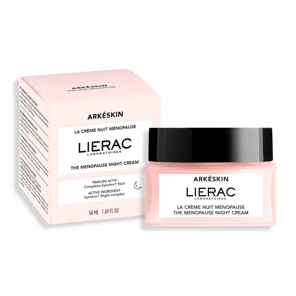 Produktverpackung und Tiegel. Aufschrift: Arkéskin, Lierac, La Crème Nuit Ménopause, The Menopause Night Cream. 50 ml.